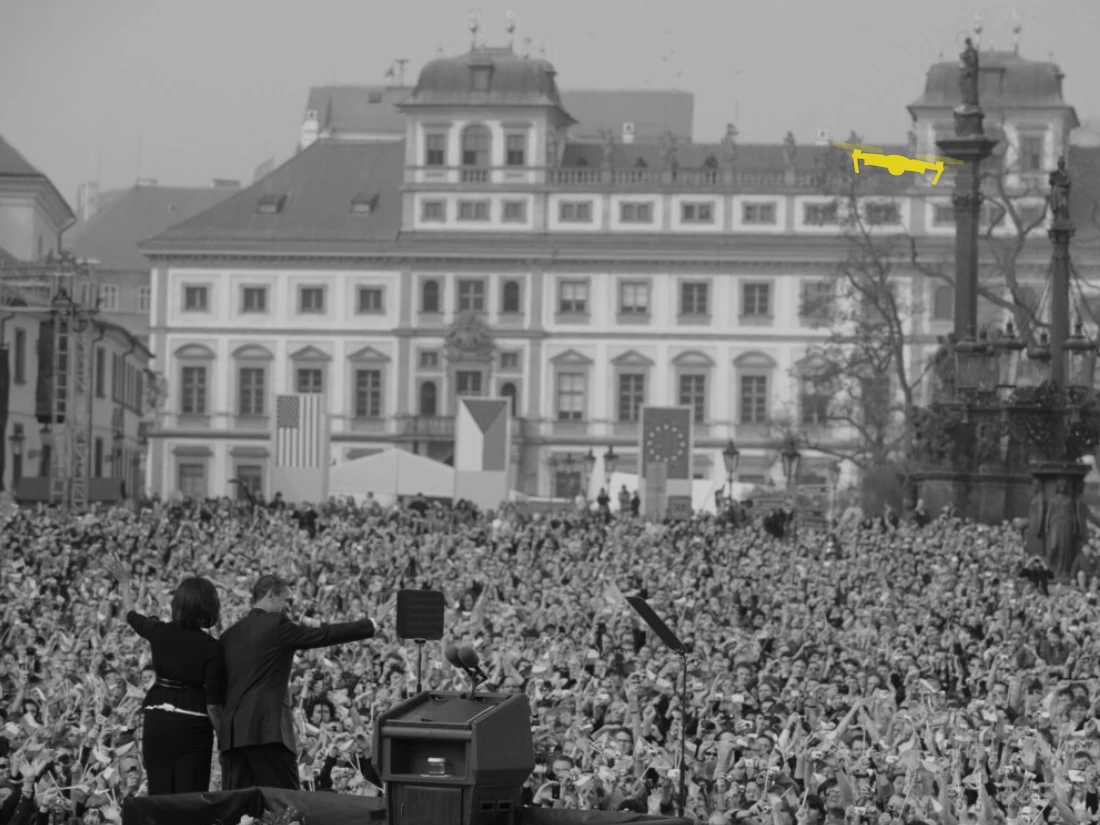 Rogue drone flying above a crowded public event